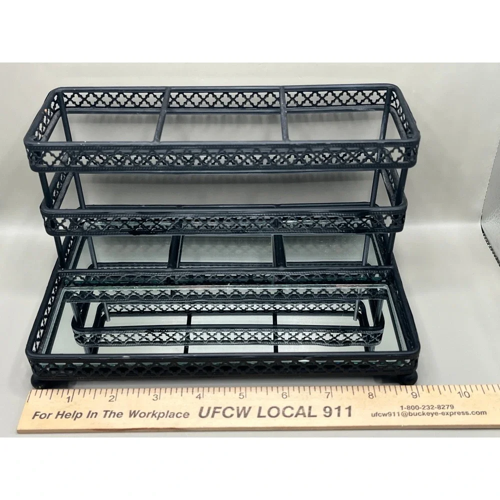 Black Metal 3 Tier Mirrored Vanity Organizer Makeup Jewelry Fretwork 9